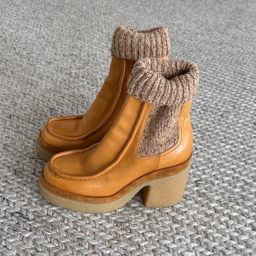 Chloe Tan Heeled Boots with Knit Detail